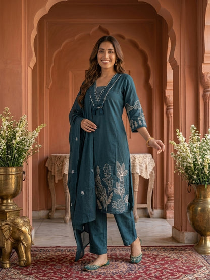 Green Solid Cotton Straight Kurta Set with Abstract Embroidery, Handwork, Palazzo & Embroidered Dupatta
