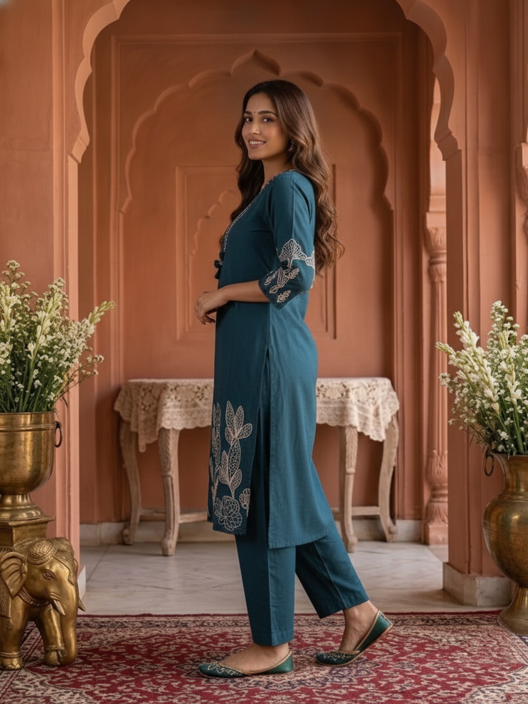 Green Solid Cotton Straight Kurta Set with Abstract Embroidery, Handwork, Palazzo & Embroidered Dupatta