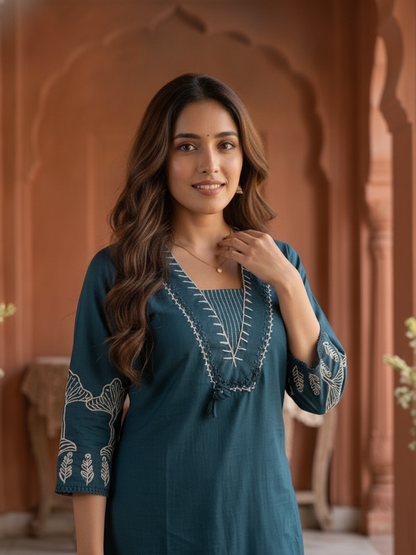 Green Solid Cotton Straight Kurta Set with Abstract Embroidery, Handwork, Palazzo & Embroidered Dupatta