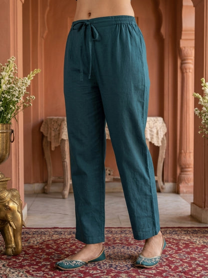 Green Solid Cotton Straight Kurta Set with Abstract Embroidery, Handwork, Palazzo & Embroidered Dupatta