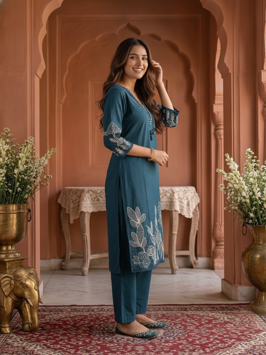 Green Solid Cotton Straight Kurta Set with Abstract Embroidery, Handwork, Palazzo & Embroidered Dupatta