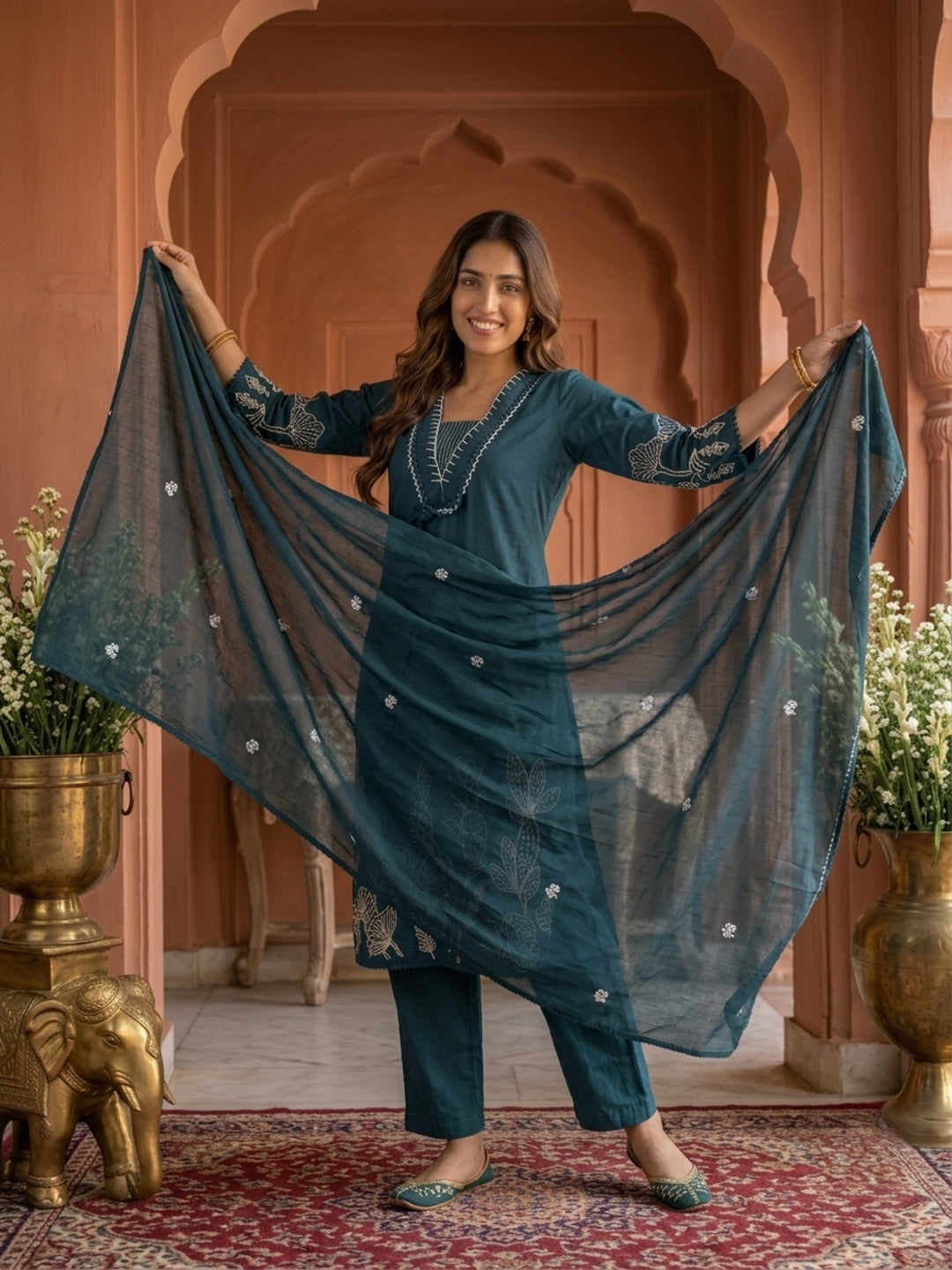 Green Solid Cotton Straight Kurta Set with Abstract Embroidery, Handwork, Palazzo & Embroidered Dupatta