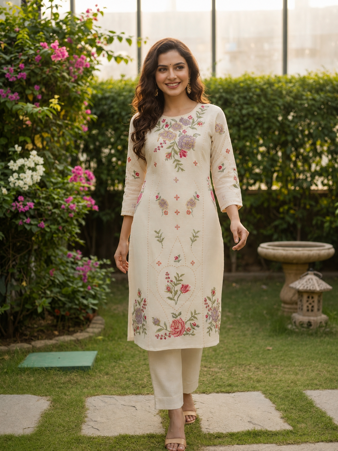 Cream Solid Cotton A-Line Kurta Set with Floral Cross Stitch Embroidery & Palazzo