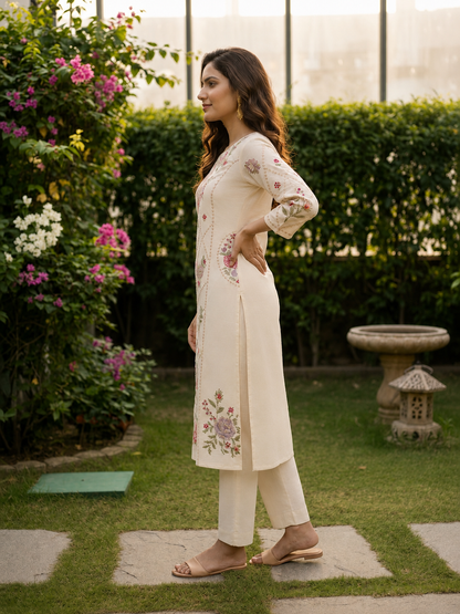Cream Solid Cotton A-Line Kurta Set with Floral Cross Stitch Embroidery & Palazzo