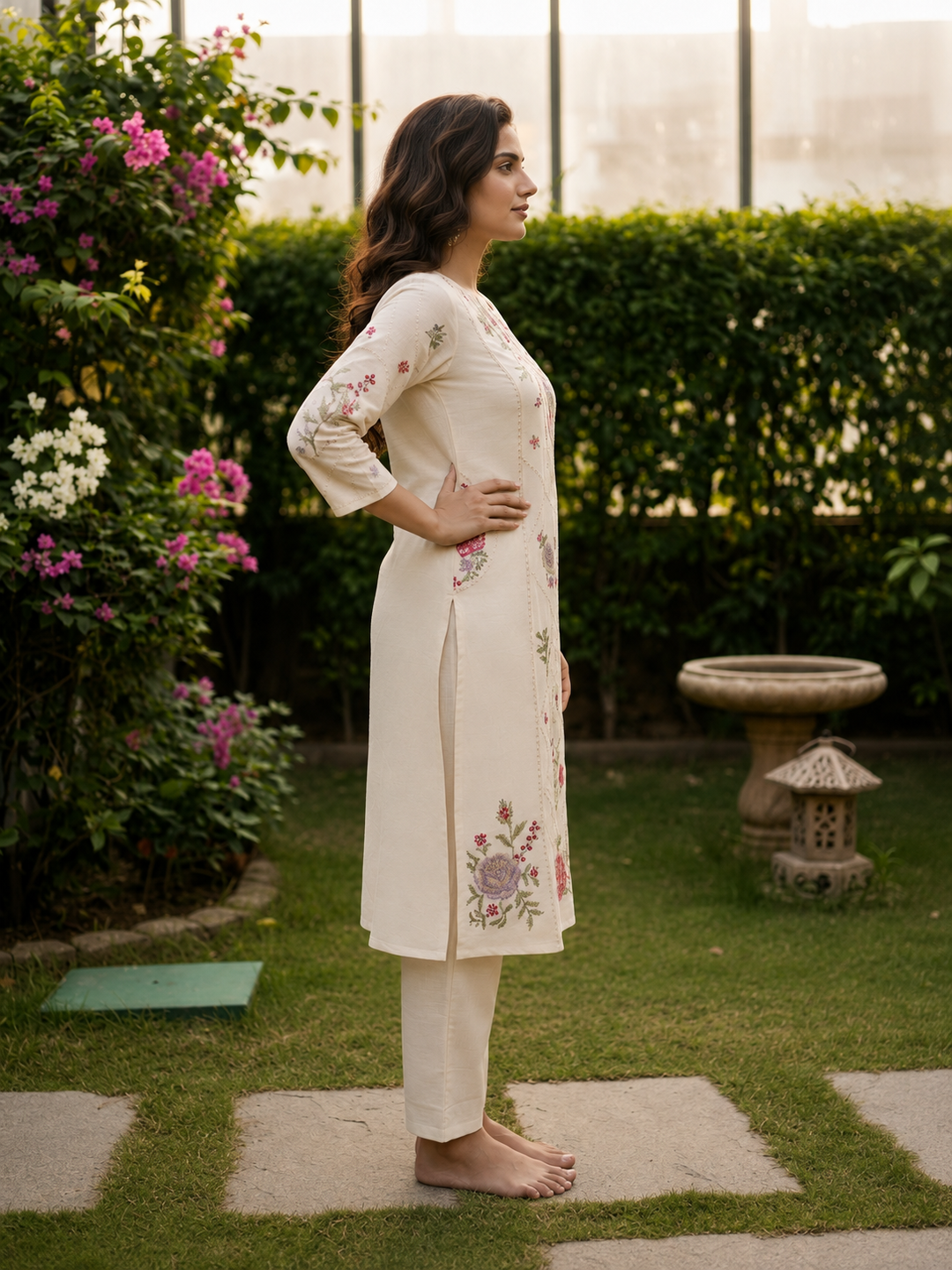 Cream Solid Cotton A-Line Kurta Set with Floral Cross Stitch Embroidery & Palazzo