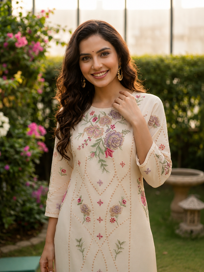 Cream Solid Cotton A-Line Kurta Set with Floral Cross Stitch Embroidery & Palazzo