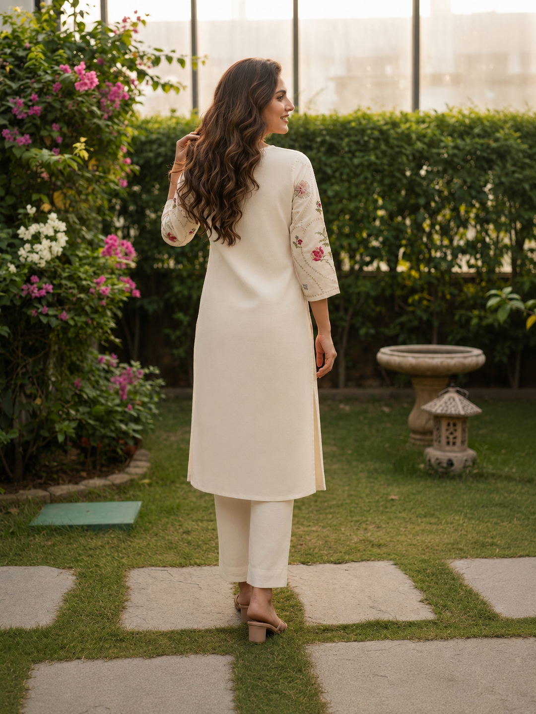 Cream Solid Cotton A-Line Kurta Set with Floral Cross Stitch Embroidery & Palazzo