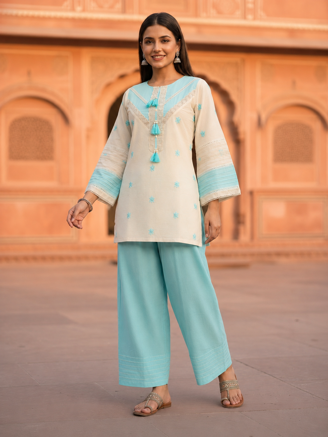 Sky Blue Solid Cotton Straight Kurta Set with Floral Embroidery, Pintucks, Crochet Lace & Salwar