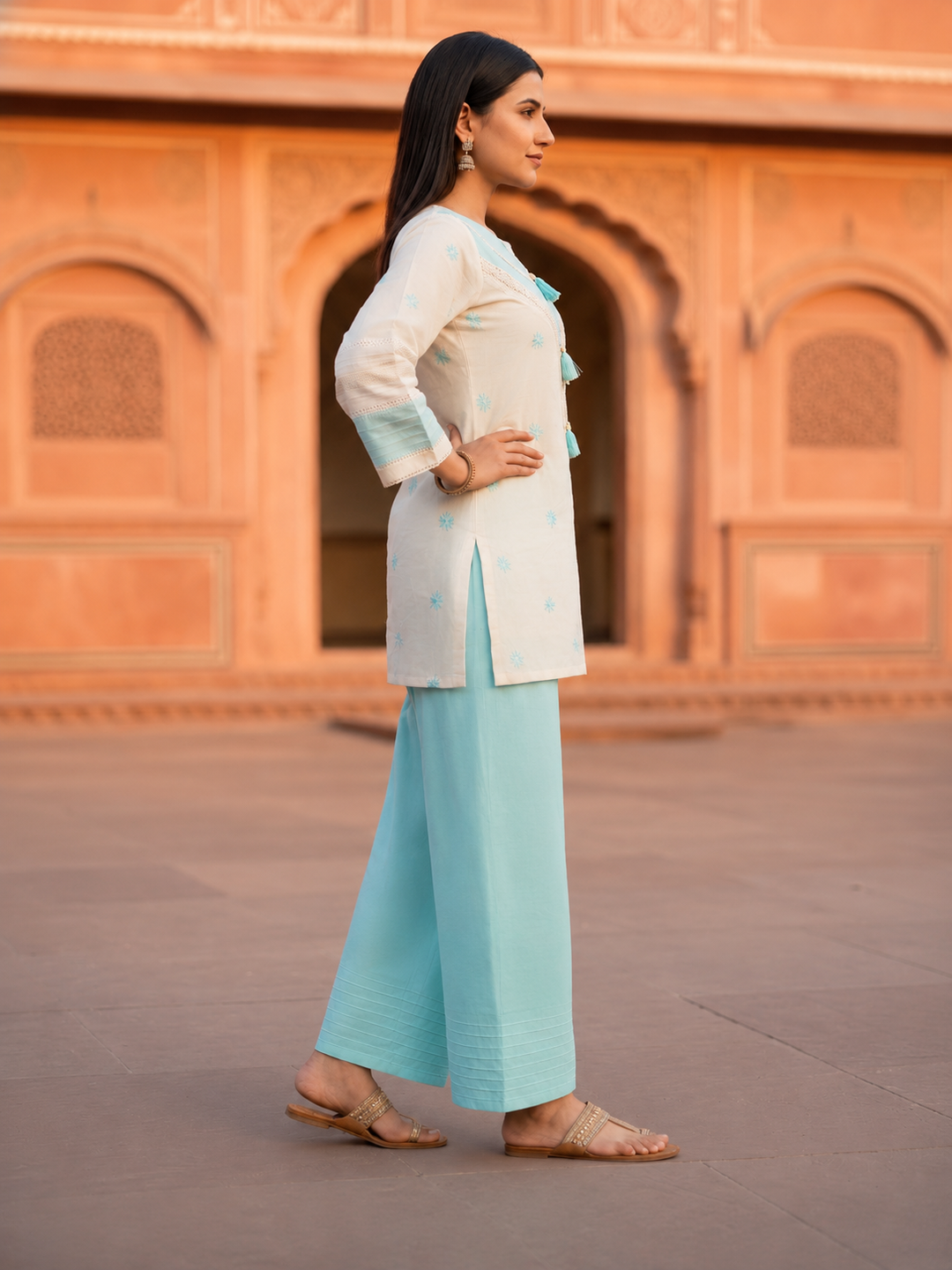 Sky Blue Solid Cotton Straight Kurta Set with Floral Embroidery, Pintucks, Crochet Lace & Salwar