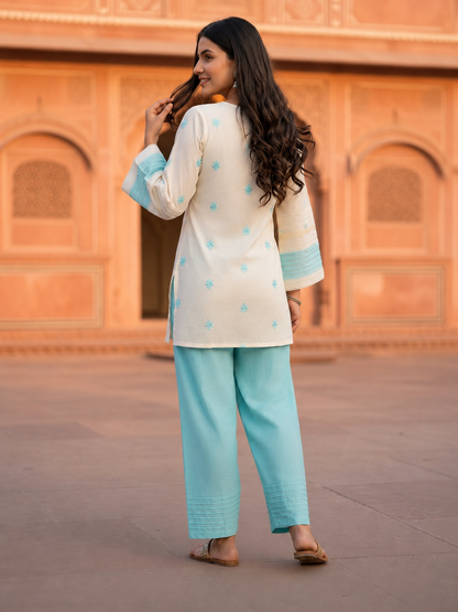 Sky Blue Solid Cotton Straight Kurta Set with Floral Embroidery, Pintucks, Crochet Lace & Salwar