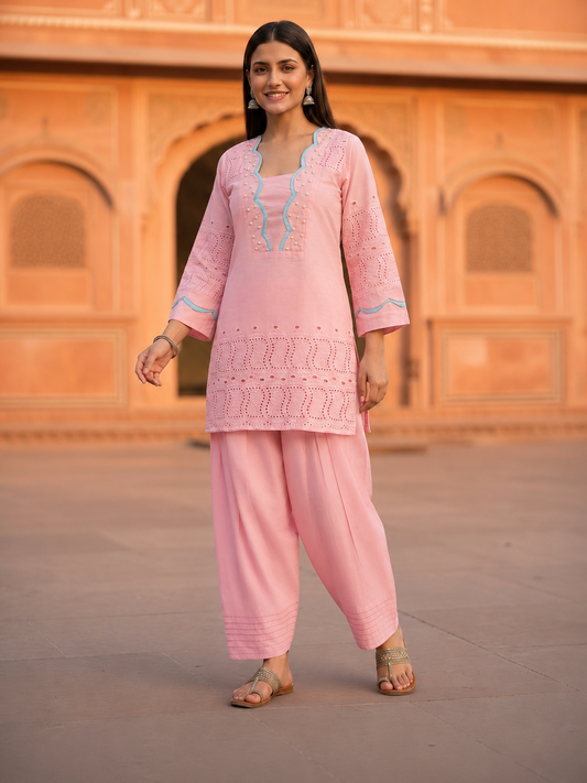Pink Solid Cotton Schiffli Straight Kurta Set with Pearl Work, Scalloped Edges, Strap Detail & Farshi Salwar