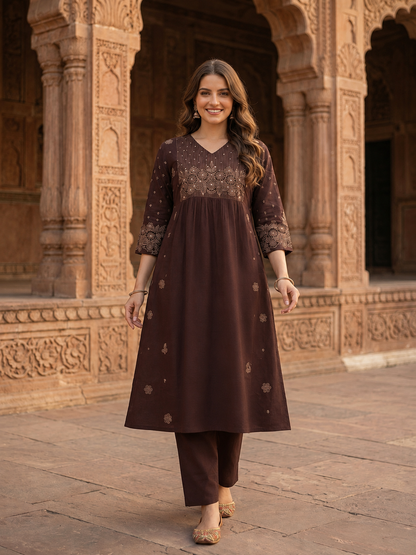 Dark Brown Solid Cotton A-Line Pleated Kurta Set with Floral Embroidery, Bead & Sequin Detail, V-Neck & Palazzo