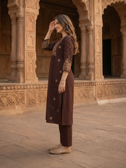 Dark Brown Solid Cotton A-Line Pleated Kurta Set with Floral Embroidery, Bead & Sequin Detail, V-Neck & Palazzo
