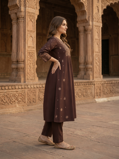 Dark Brown Solid Cotton A-Line Pleated Kurta Set with Floral Embroidery, Bead & Sequin Detail, V-Neck & Palazzo