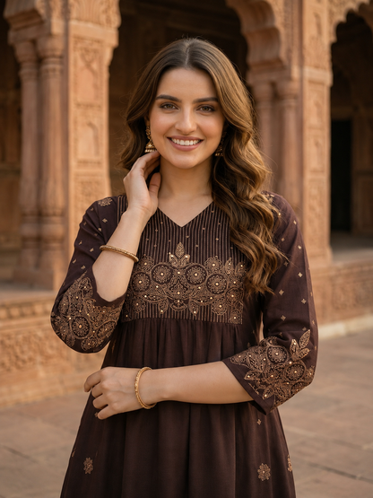 Dark Brown Solid Cotton A-Line Pleated Kurta Set with Floral Embroidery, Bead & Sequin Detail, V-Neck & Palazzo