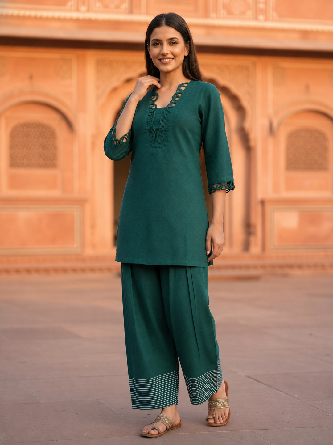 Teal Solid Shantoon Straight Short Kurta Set with Loop Detail, Back Tie-Up & Farshi Salwar