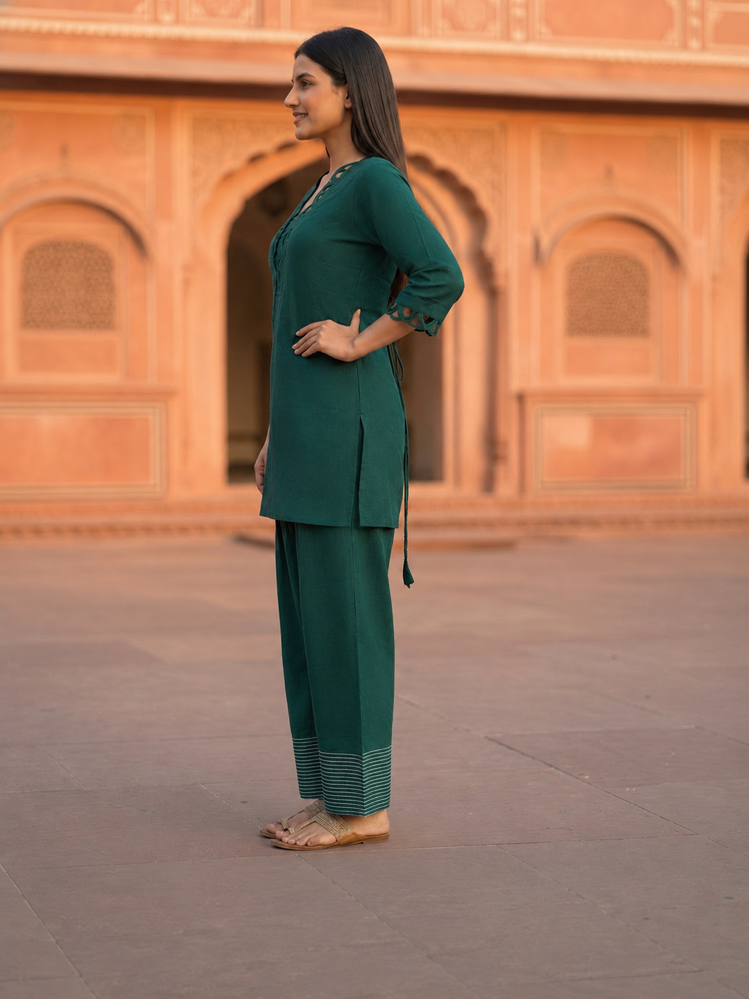 Teal Solid Shantoon Straight Short Kurta Set with Loop Detail, Back Tie-Up & Farshi Salwar