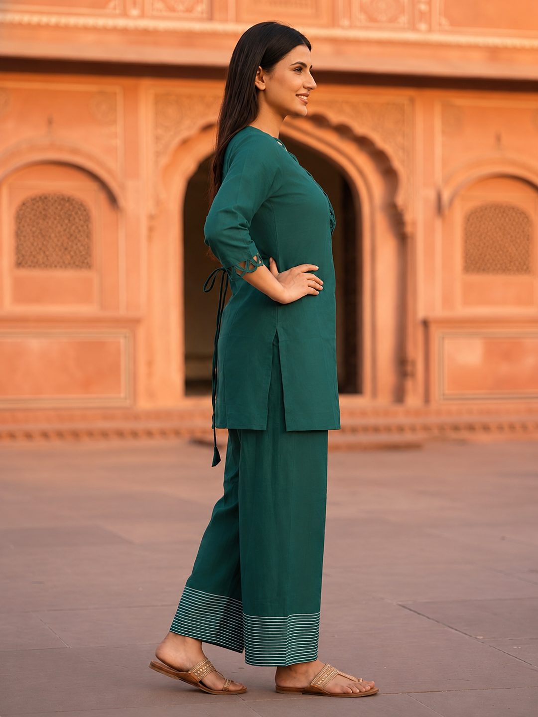 Teal Solid Shantoon Straight Short Kurta Set with Loop Detail, Back Tie-Up & Farshi Salwar