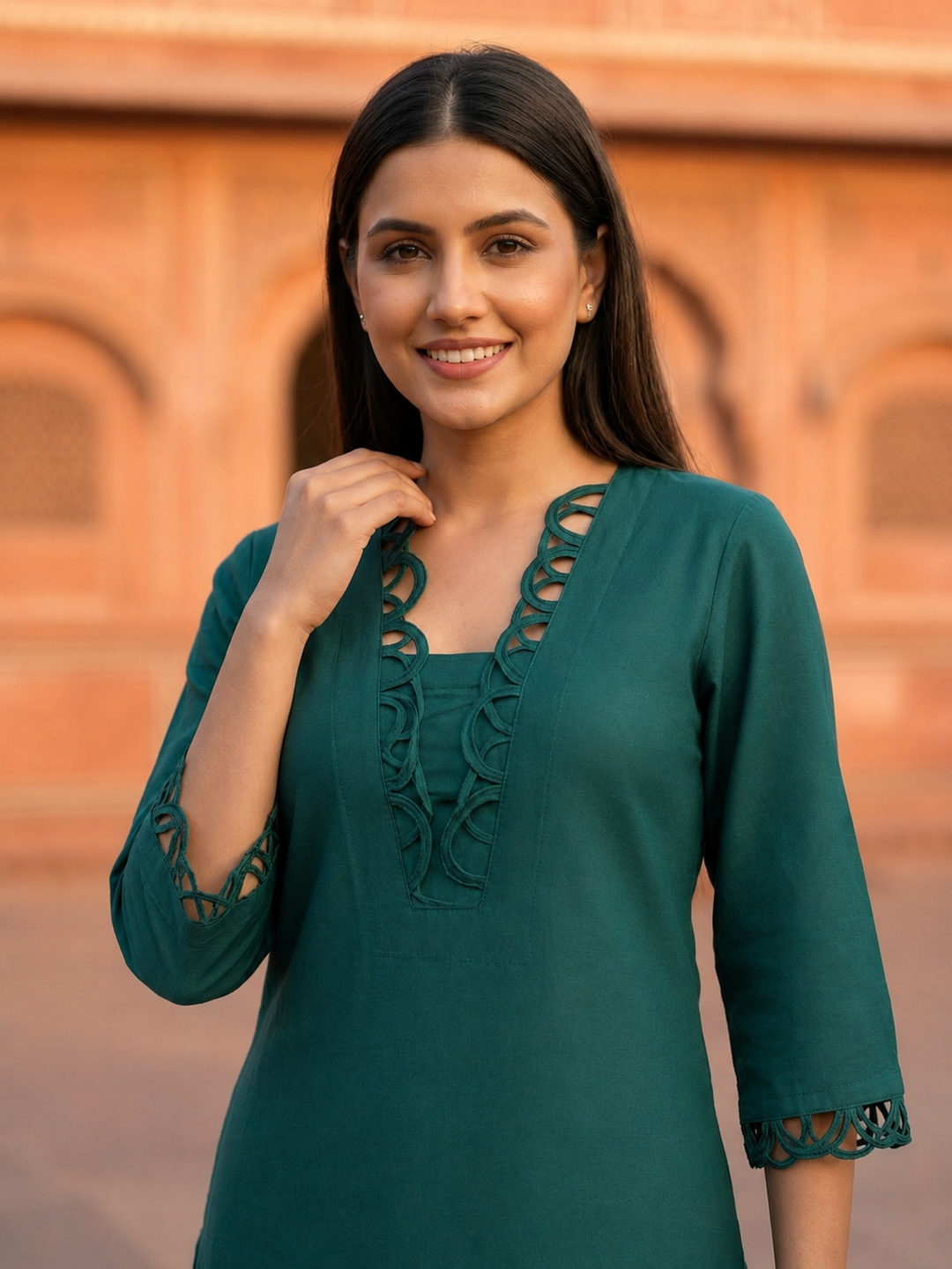 Teal Solid Shantoon Straight Short Kurta Set with Loop Detail, Back Tie-Up & Farshi Salwar