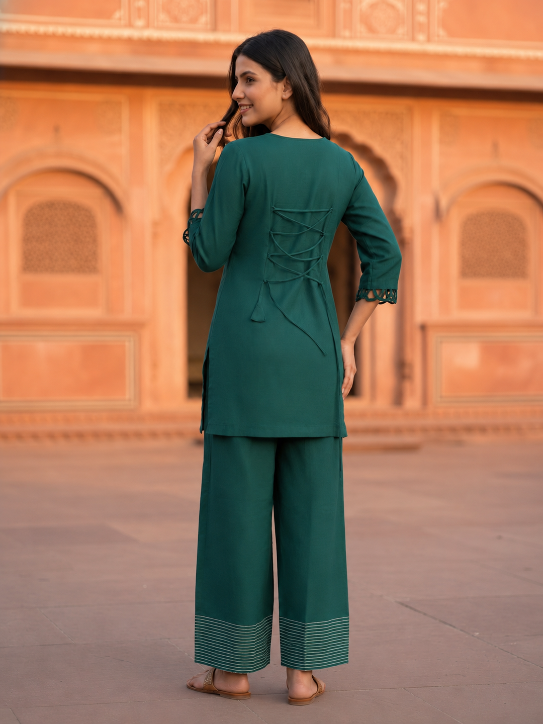 Teal Solid Shantoon Straight Short Kurta Set with Loop Detail, Back Tie-Up & Farshi Salwar