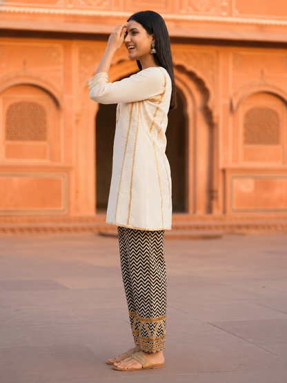 White Solid Cotton A-Line Paneled Kurta Set with Gota Work, Round Neck & Chevron Printed Salwar