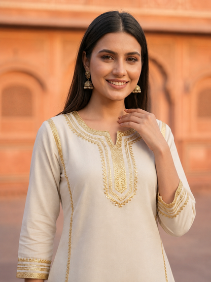 White Solid Cotton A-Line Paneled Kurta Set with Gota Work, Round Neck & Chevron Printed Salwar