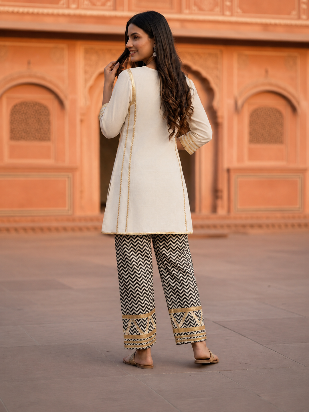 White Solid Cotton A-Line Paneled Kurta Set with Gota Work, Round Neck & Chevron Printed Salwar