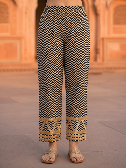 White Solid Cotton A-Line Paneled Kurta Set with Gota Work, Round Neck & Chevron Printed Salwar