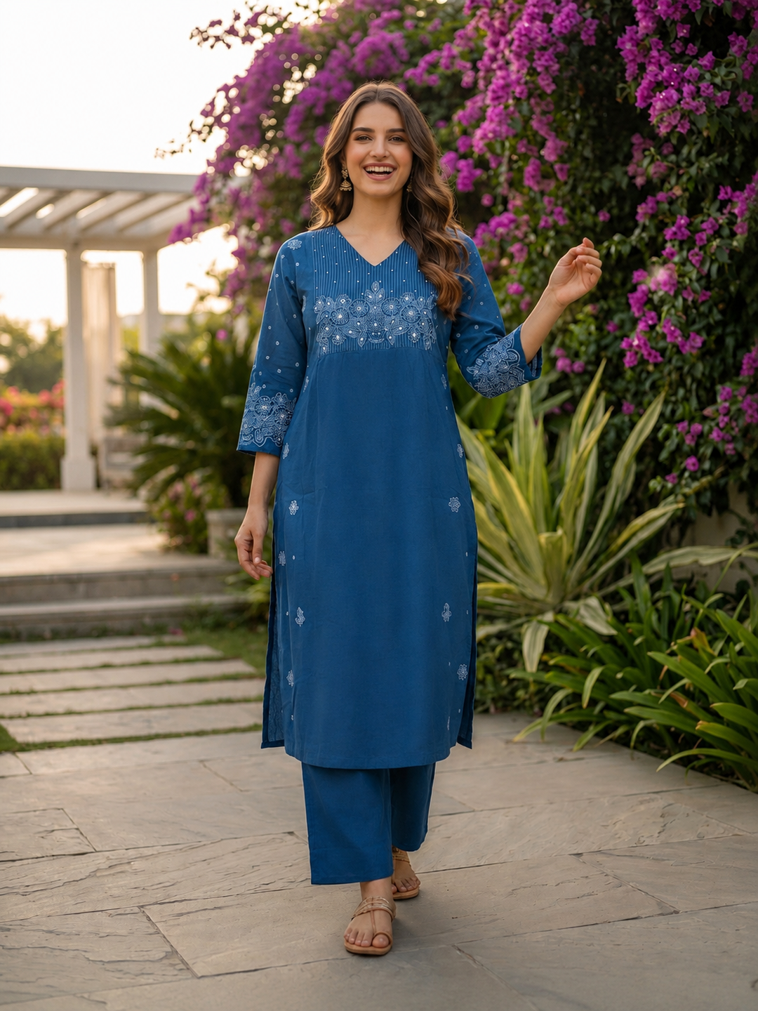 Denim Blue Solid Cotton A-Line Pleated Kurta Set with Floral Embroidery, Bead & Sequin Work, Palazzo