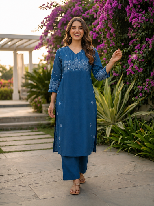 Denim Blue Solid Cotton A-Line Pleated Kurta Set with Floral Embroidery, Bead & Sequin Work, Palazzo