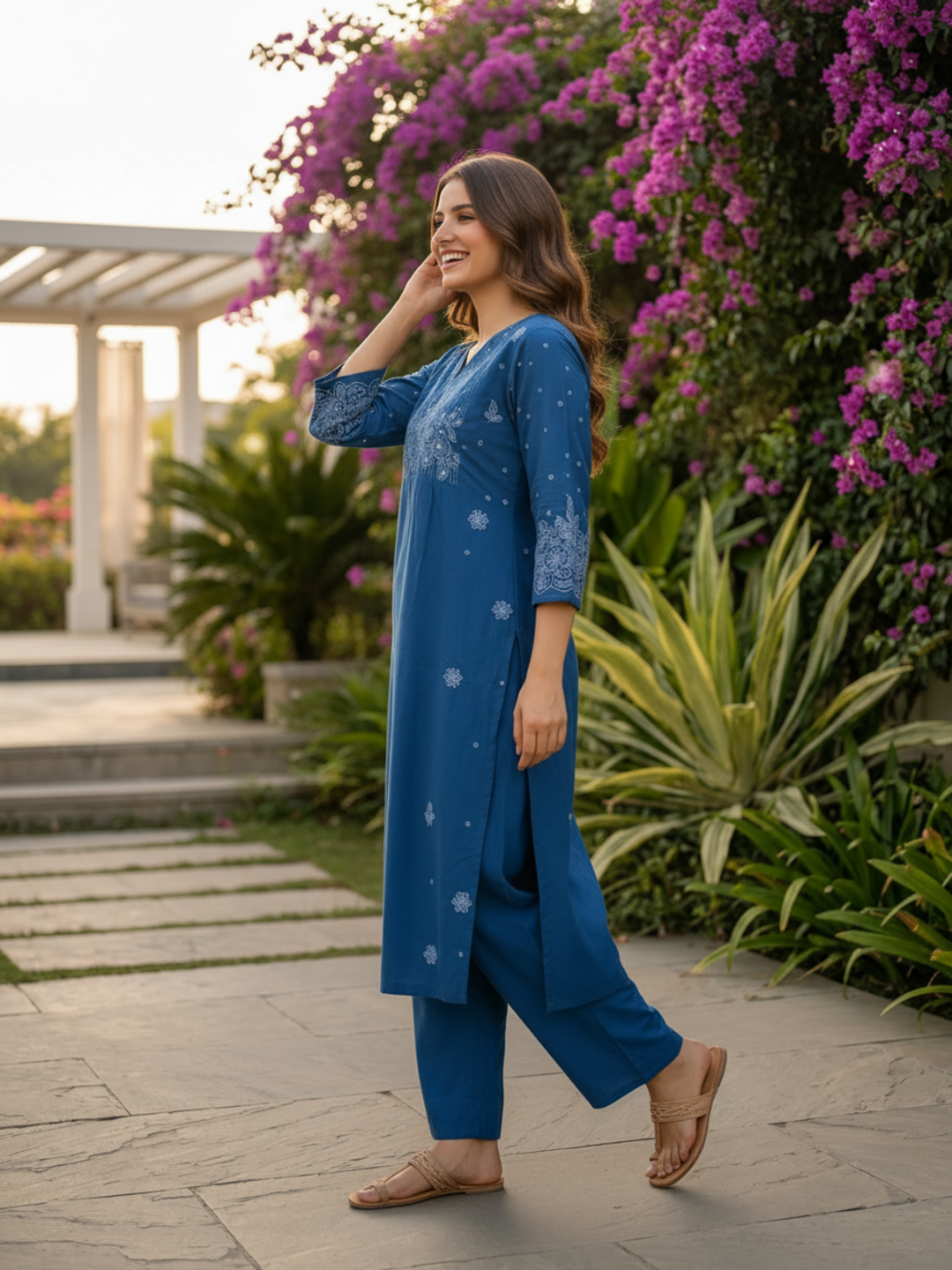 Denim Blue Solid Cotton A-Line Pleated Kurta Set with Floral Embroidery, Bead & Sequin Work, Palazzo