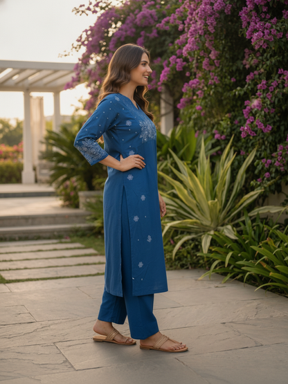 Denim Blue Solid Cotton A-Line Pleated Kurta Set with Floral Embroidery, Bead & Sequin Work, Palazzo