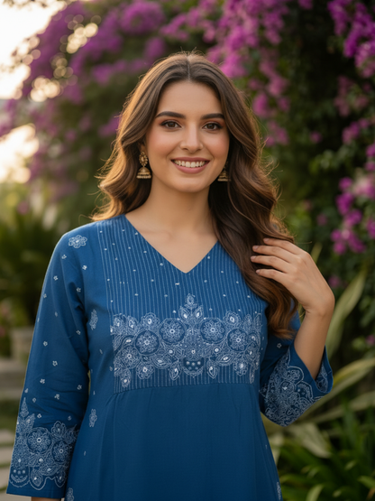 Denim Blue Solid Cotton A-Line Pleated Kurta Set with Floral Embroidery, Bead & Sequin Work, Palazzo