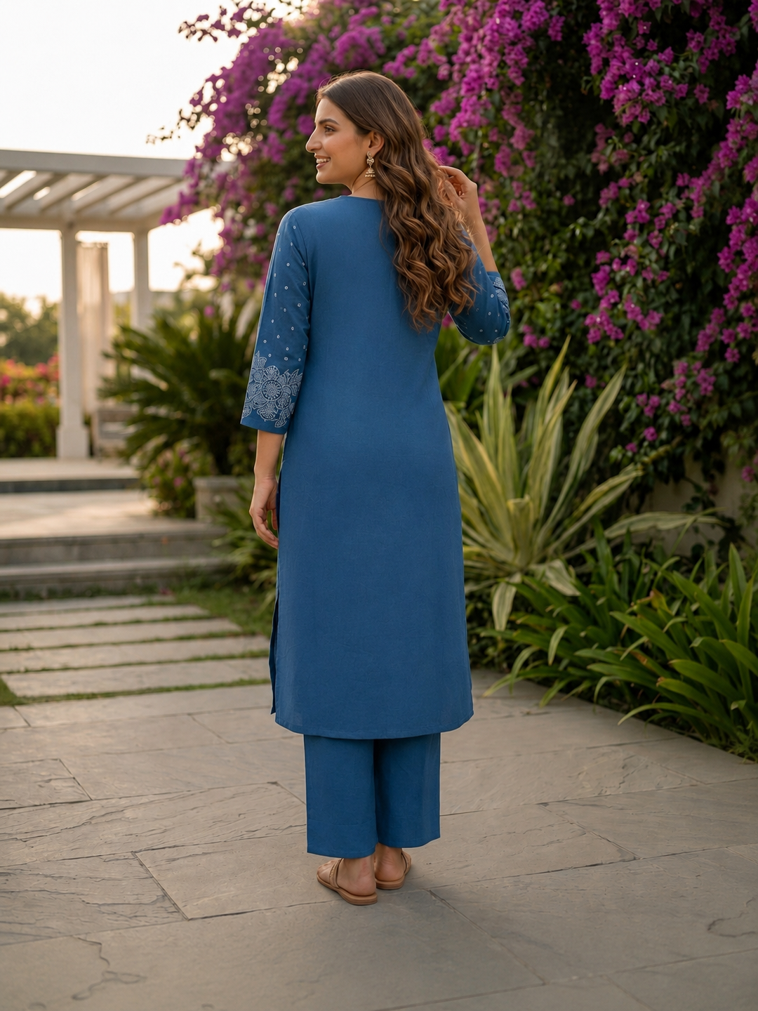Denim Blue Solid Cotton A-Line Pleated Kurta Set with Floral Embroidery, Bead & Sequin Work, Palazzo