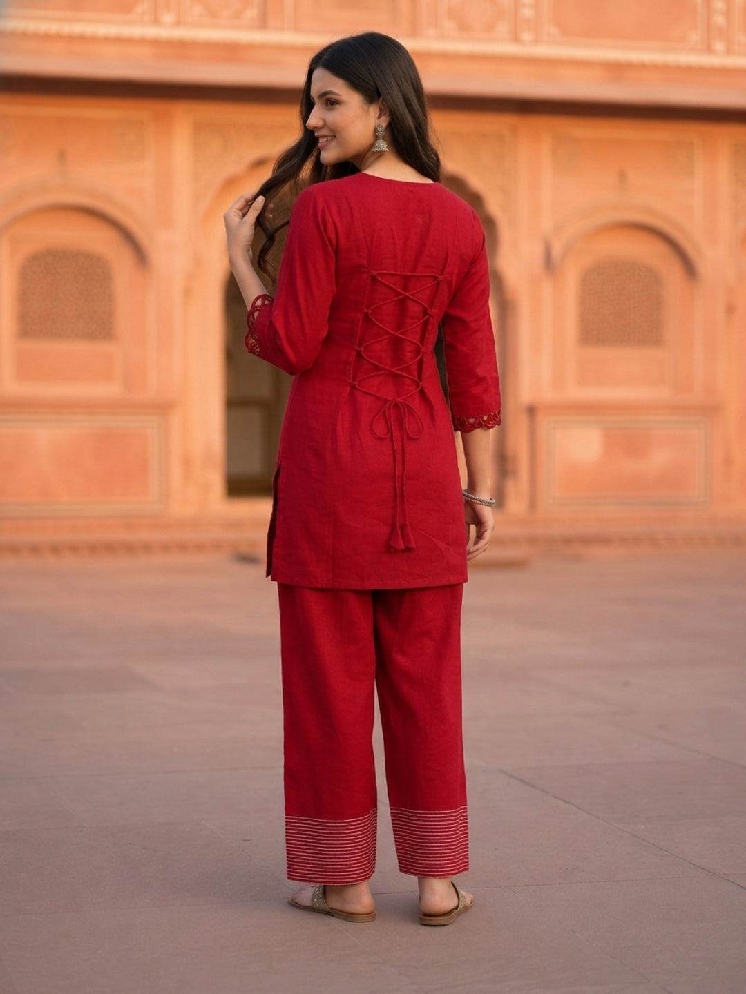 Red Solid Shantoon Straight Short Kurta Set with Loop Detail, Back Tie-Up & Farshi Salwar