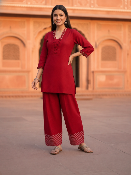 Red Solid Shantoon Straight Short Kurta Set with Loop Detail, Back Tie-Up & Farshi Salwar