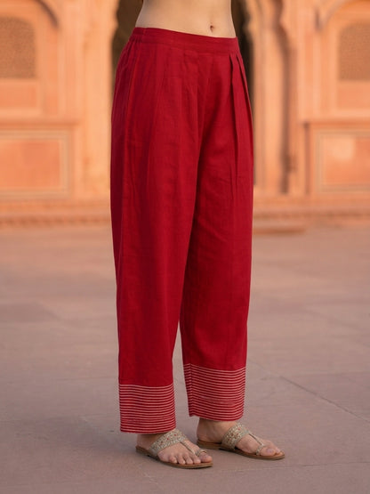Red Solid Shantoon Straight Short Kurta Set with Loop Detail, Back Tie-Up & Farshi Salwar