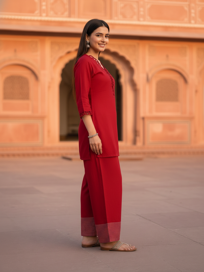 Red Solid Shantoon Straight Short Kurta Set with Loop Detail, Back Tie-Up & Farshi Salwar