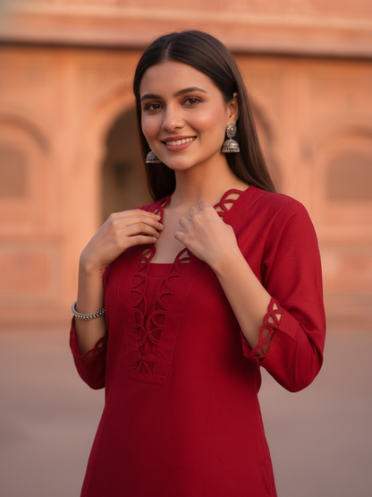 Red Solid Shantoon Straight Short Kurta Set with Loop Detail, Back Tie-Up & Farshi Salwar