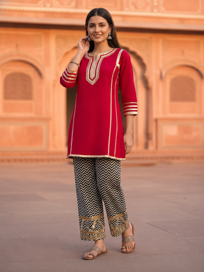Maroon Solid Cotton A-Line Paneled Kurta Set with Gota Work, Round Neck & Chevron Printed Salwar