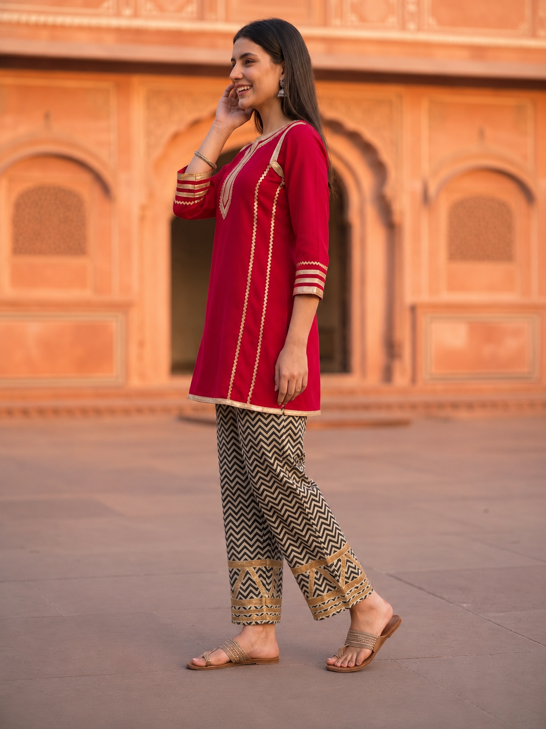Maroon Solid Cotton A-Line Paneled Kurta Set with Gota Work, Round Neck & Chevron Printed Salwar