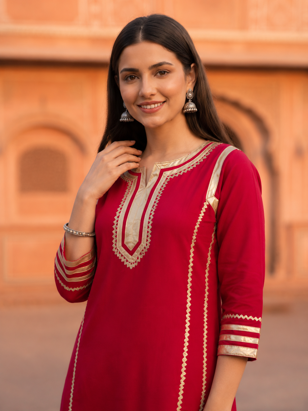 Maroon Solid Cotton A-Line Paneled Kurta Set with Gota Work, Round Neck & Chevron Printed Salwar