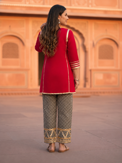 Maroon Solid Cotton A-Line Paneled Kurta Set with Gota Work, Round Neck & Chevron Printed Salwar