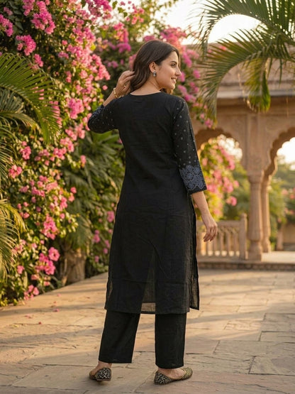 Charcoal Black Solid Cotton A-Line Pleated Kurta Set with Floral Embroidery, Bead & Sequin Work, Palazzo