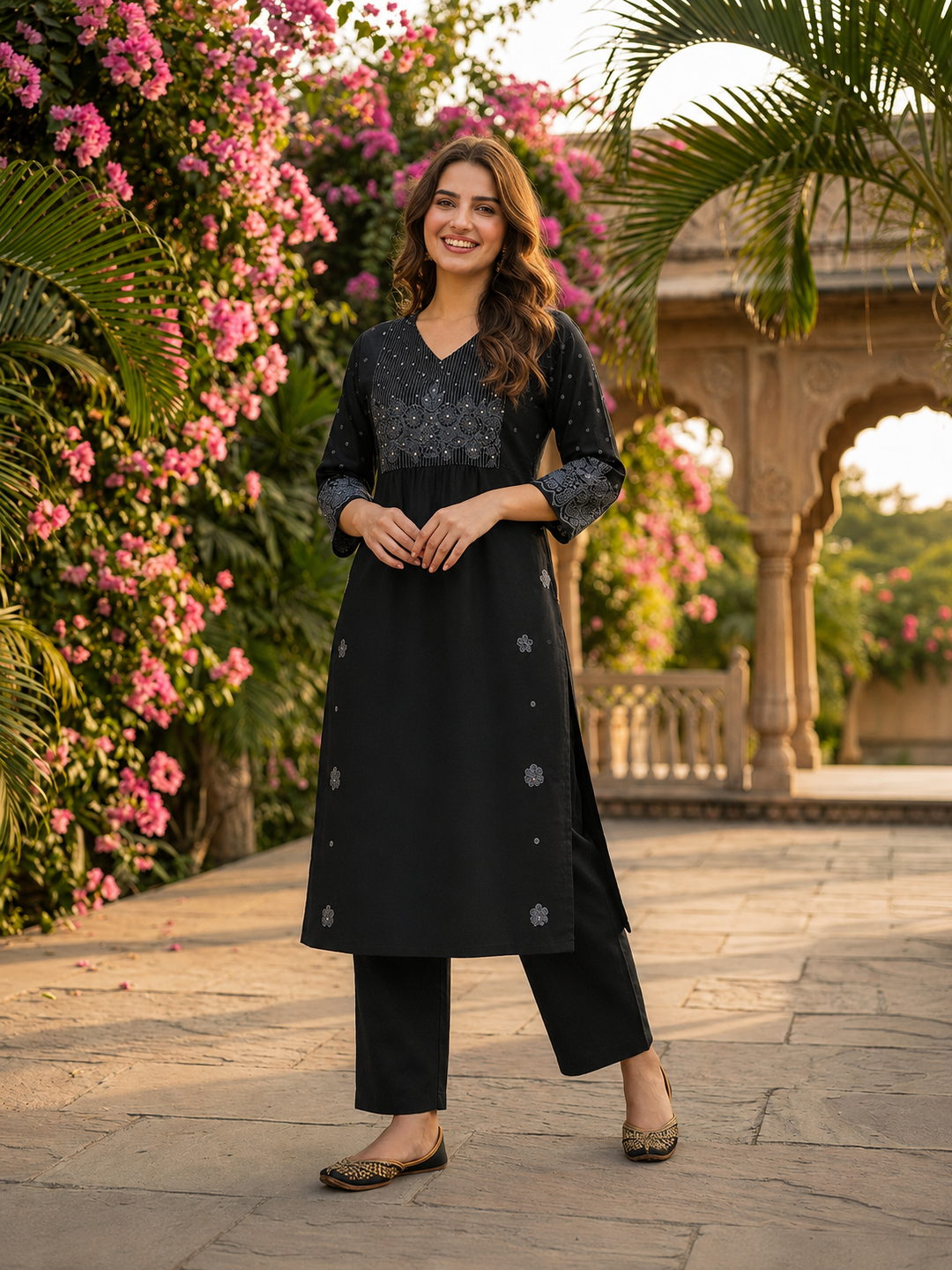 Charcoal Black Solid Cotton A-Line Pleated Kurta Set with Floral Embroidery, Bead & Sequin Work, Palazzo