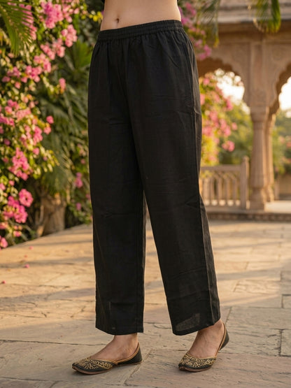 Charcoal Black Solid Cotton A-Line Pleated Kurta Set with Floral Embroidery, Bead & Sequin Work, Palazzo