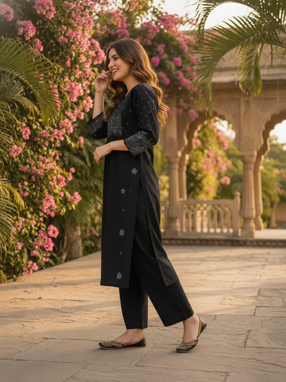 Charcoal Black Solid Cotton A-Line Pleated Kurta Set with Floral Embroidery, Bead & Sequin Work, Palazzo