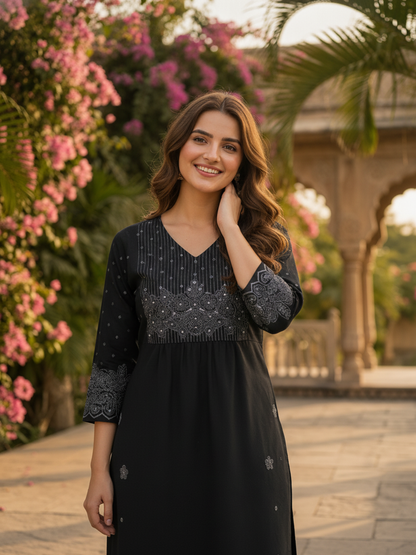 Charcoal Black Solid Cotton A-Line Pleated Kurta Set with Floral Embroidery, Bead & Sequin Work, Palazzo