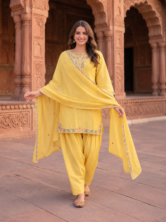 Butter Yellow Solid Chanderi Silk Straight Kurta Set with Floral Thread Embroidery, Sequin Highlights, Salwar & Embroidered Dupatta