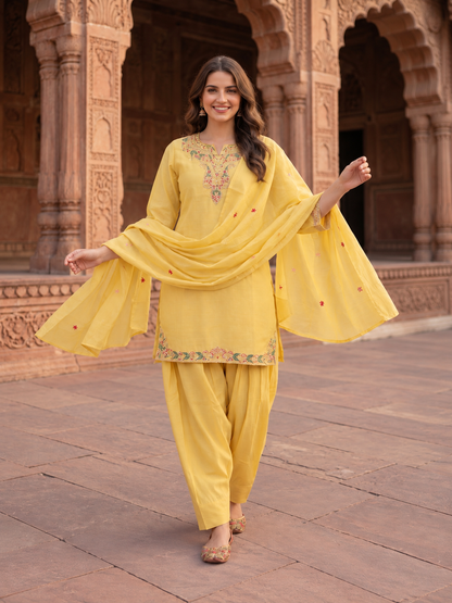 Butter Yellow Solid Chanderi Silk Straight Kurta Set with Floral Thread Embroidery, Sequin Highlights, Salwar & Embroidered Dupatta